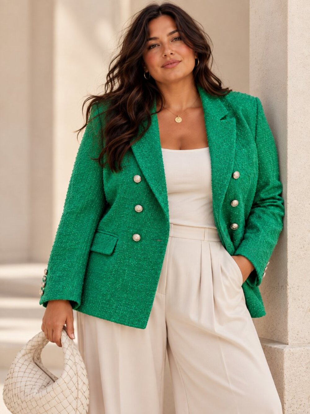 AUTRES FILLES Green Tweed Boucle Double Breasted Blazer Quiet Luxury Chic 2X